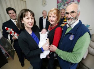 Little Archie Thiele, 3 weeks, will be one bub to benefit from a grant from Albury Hume Rotary. Pictured with him are Albury Hume Rotary president Justin Clancy, AWH operational director of women and children’s services Julie Wright, Albury Hume Rotary past-president Peter Lee, Helen Clancy, Dennis Martin, and district governor Philip Clancy